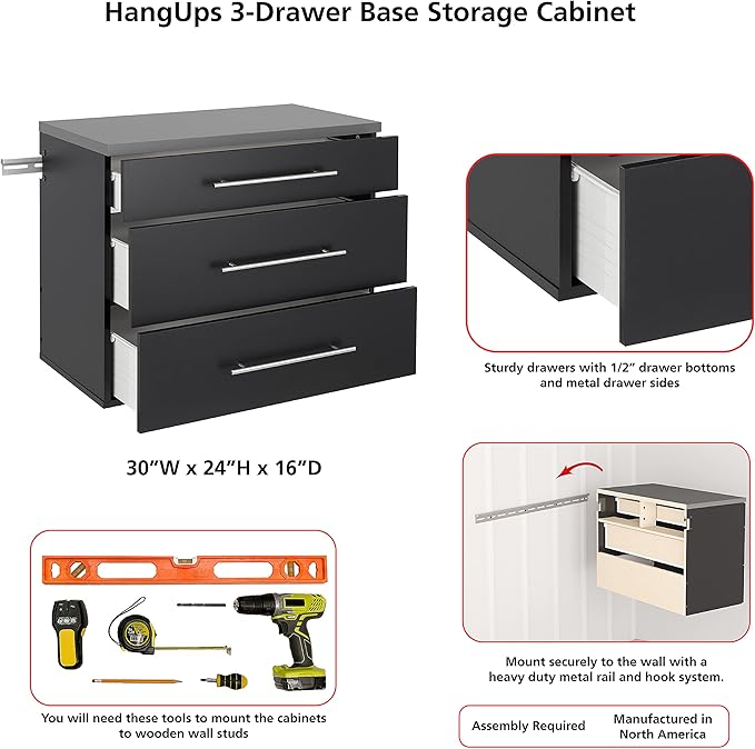 Prepac HangUps 30'' Garage Storage Cabinet with 3 Drawers, Wood Wall Mount Pantry Cabinet, Wall Hanging Laundry Room Cupboard, Kitchen Pantry for Garage, Kitchen and Laundry Organization, Black