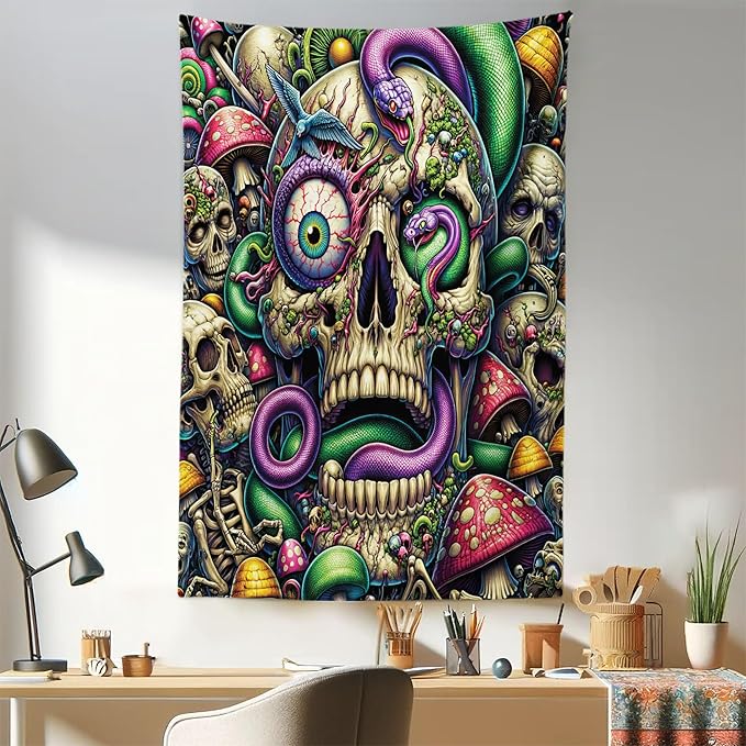 Ambesonne Trippy Tapestry, Spooky Artwork of Psychedelic Snake Mushroom Huddles Skulls Monster Eye, Fabric Wall Hanging Decor for Bedroom Living Room Dorm, 30" X 45", Green Purple Pale Khaki