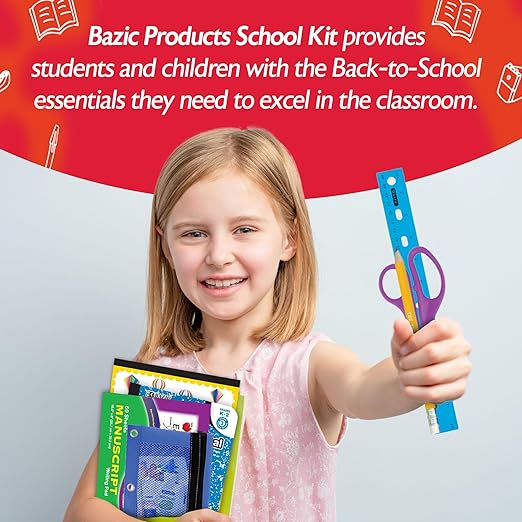 BAZIC PRODUCTS Primary School Supply Kit, 57-count Student Set for Kindergarten and Elementary Students Grades K–6, Complete School Supplies With Fully Organized Supply Box, 1-pack