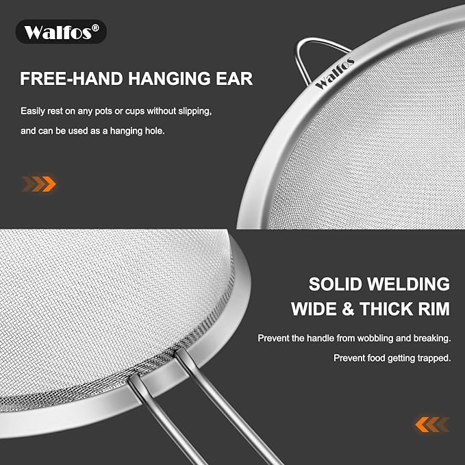 Walfos 6.3 Inch Fine Mesh Strainer, Premium Stainless Steel Sieve and Sifter