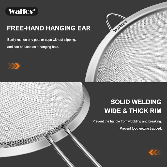 Walfos Fine Mesh Strainer Set of 3, Stainless Steel Wire Strainers