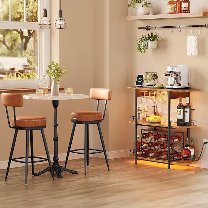 VASAGLE Bar Cabinets for Home, LED Coffee Bar with Power Outlets, Home Mini Bar for Liquor, Freestanding Wine Rack with Glass Holder, Kitchen, Dining Room, Rustic Brown ULWR007K01