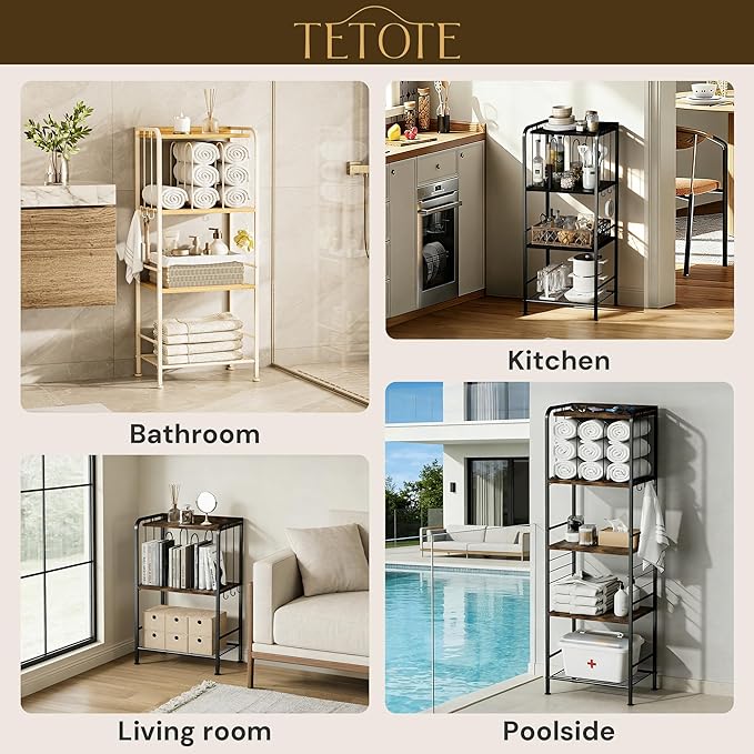 TETOTE 4-Tier Towel Rack for Bathroom M-Shaped Detachable Dividers & Hooks, Free Standing Towel Holder Bathroom Towel Storage Organizer for Pool, Kitchen, Laundry, Black