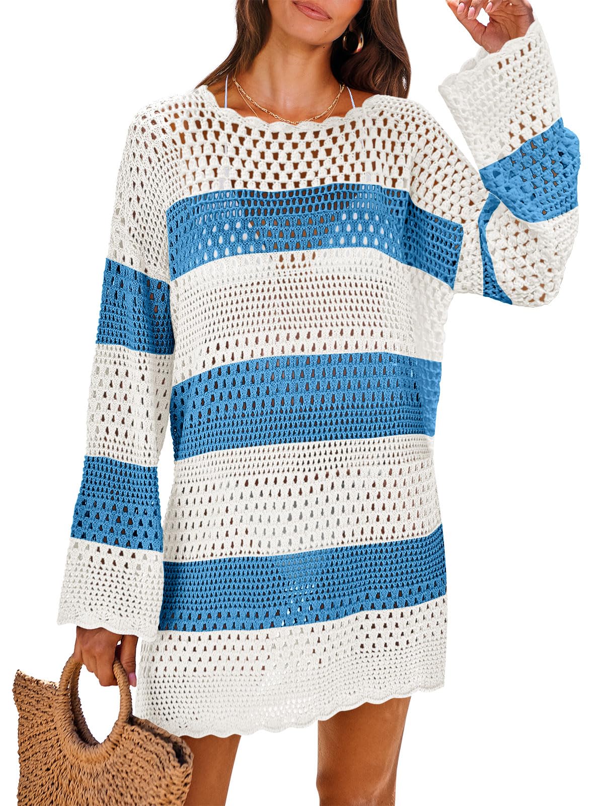 ANRABESS Women Swimsuit Crochet Swim Cover Up 2026 Summer Bathing Suit Swimwear Mesh Knit Beach Dress Vacation Outfits Blue-White XX-Large