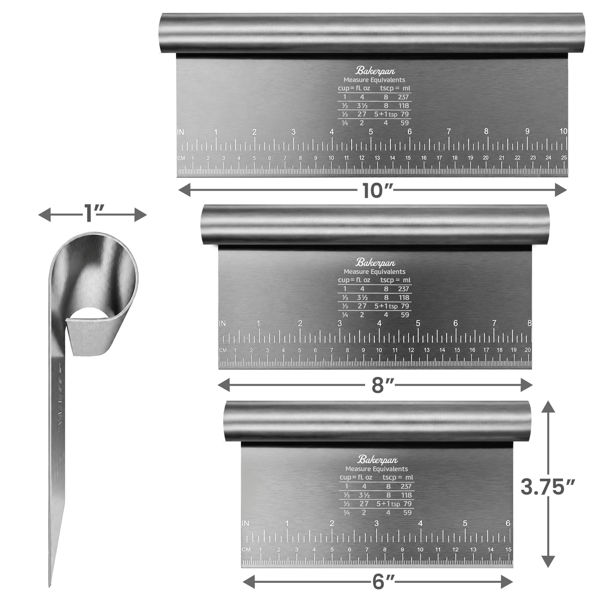 Bakerpan Stainless Steel Heavy Duty Dough Cutter, 3 Size Set - Metal Bench Scraper Kitchen Utensils, Chopper, Pizza and Pastry Cutter Tool, 10, 8, 6 Inch