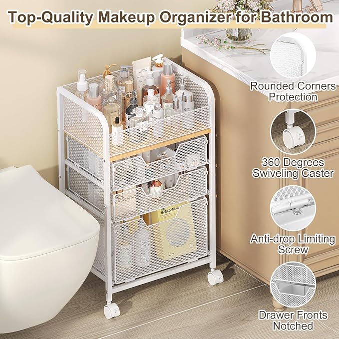 Rolling Makeup Cart Organizer with 3 Drawers, Floor Skincare Organizers with Wheels, Cosmetics Display Cases, Vanity Storage Organizer for Skin Care Perfume Nail Polish, White