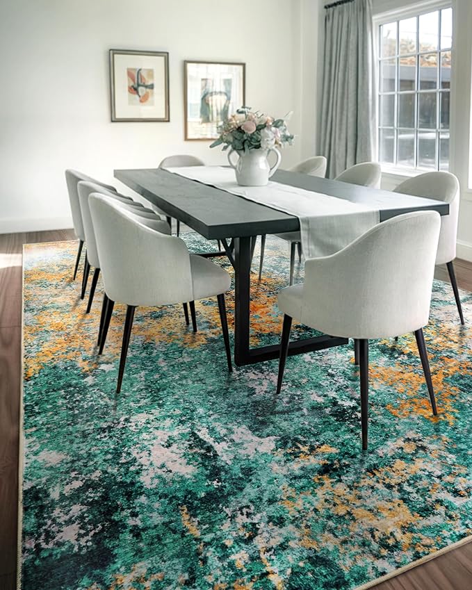 Washable Area Rug for Living Room: 10X14 Modern Abstract Neutral Soft Rug for Bedroom Dining Room No Slip Low Pile Carpet for Nursery Home Office - Teal/Orange