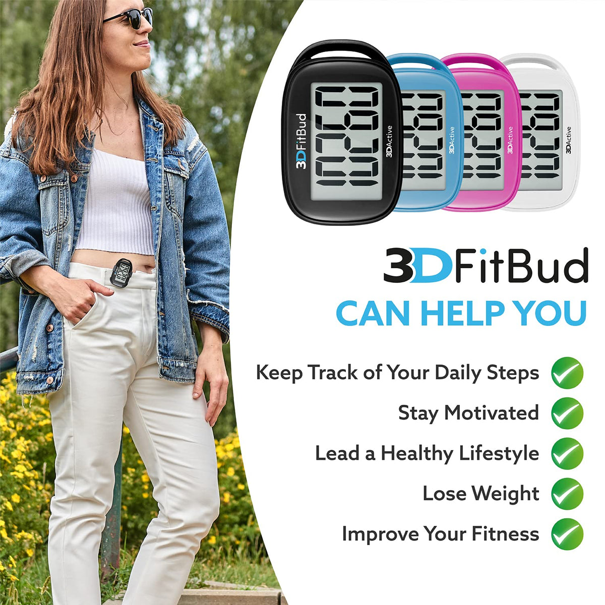 3DFitBud Simple Step Counter Walking 3D Pedometer by 3DActive with Clip, Lanyard Accurate Step Tracker Large Display, Easy to Use for Kids Men Women Adult Seniors Daily Step Tracking - A420S - Black