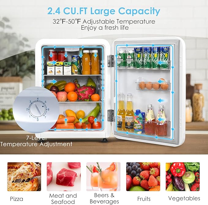 COSTWAY Compact Refrigerator, 2.4 cu ft. Single Door Small Fridge with Auto Defrost, Adjustable Temperature 32℉ to 50℉, Reversible Door, Removable Glass Shelves, Mini Fridge for Apartment, White