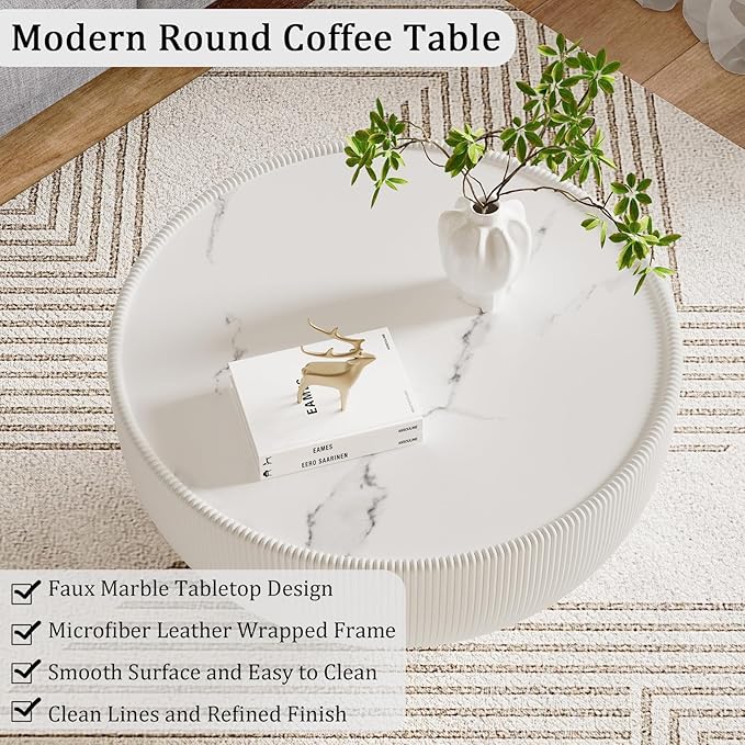 Round Coffee Table Set with Sintered Stone Tabletop, 27.56" White Drum Center Table and 19.69" Orange Coffee Table Set, 2 Pieces Living Room Table Set with Fluted PU Leather Cover& Metal Base