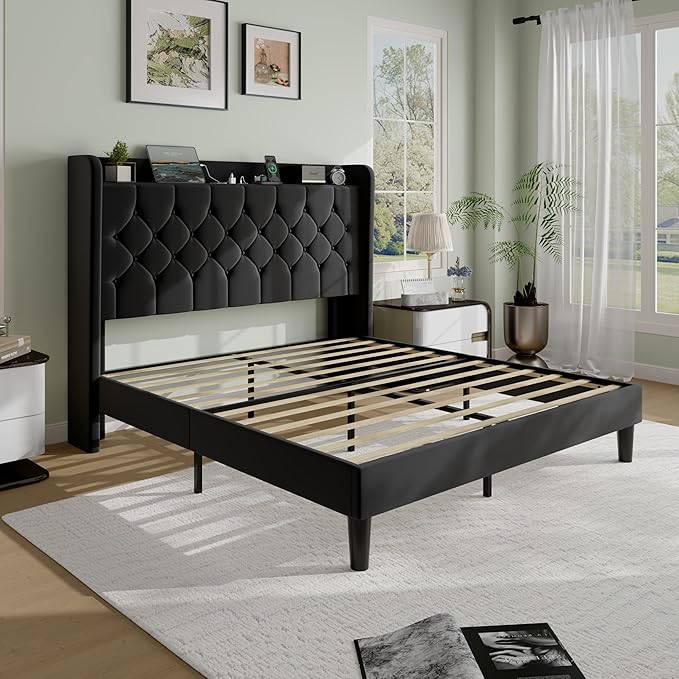 SHA CERLIN Full Size Platform Bed Frame with Charging Station, Velvet Wingback Headboard with Storage Shelf, Wooden Slats Support, Ample Under-Bed Space, No Box Spring Needed, Easy Assembly, Black