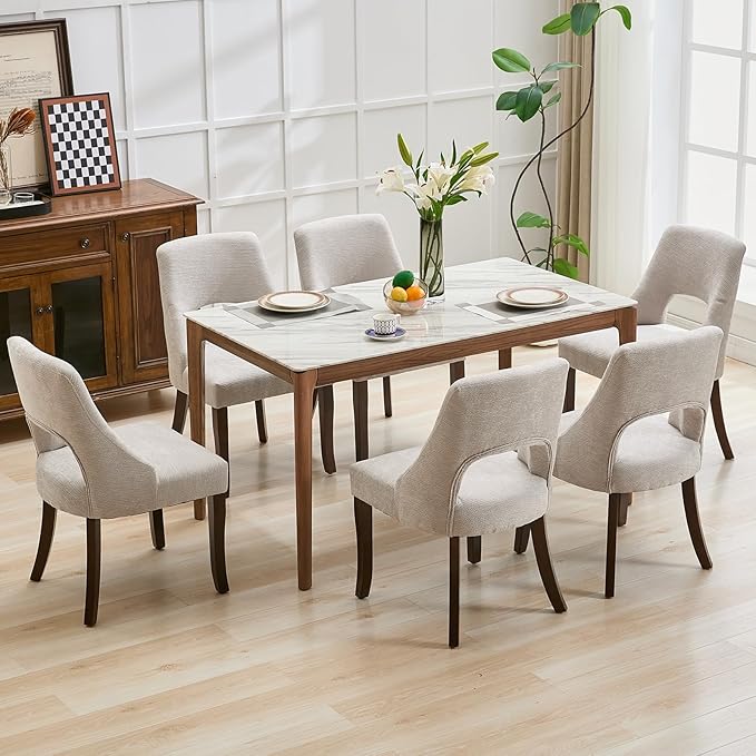 UVV Wooden Dining Chairs Set of 6, Mid Century Modern Upholstered Dining Room Chair Kitchen Chairs, Chenille Dinner Chair with Solid Wood Legs for Kitchen Dining Room, Light Grey-Chenille