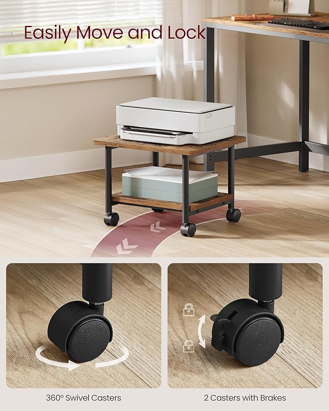 VASAGLE Heavy-Duty Printer Stand with Locking Wheels, 2-Tier Industrial Mobile Cart with Storage Shelf, Under Desk Printer Table for Home, Office, 13.4" Height, Rustic Brown and Black UOPS002B01