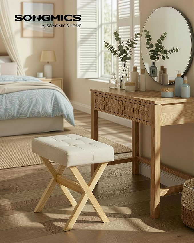SONGMICS Makeup Stool, Padded Vanity Stool, Foot Rest, Solid Wood X Legs, for Bedroom, Closet, Entryway, 12.6 x 16.5 x 18.1 Inches, Summer Sand and Natural Beige ULSF006LF02