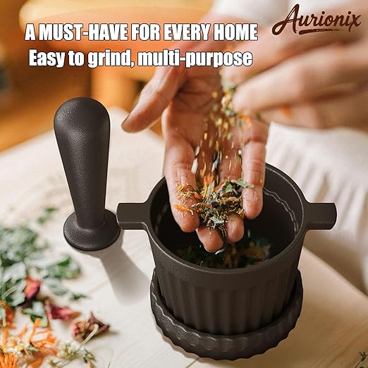 Aurionix Cast Iron Mortar and Pestle Set with Grater Plate, Brush and Spoon