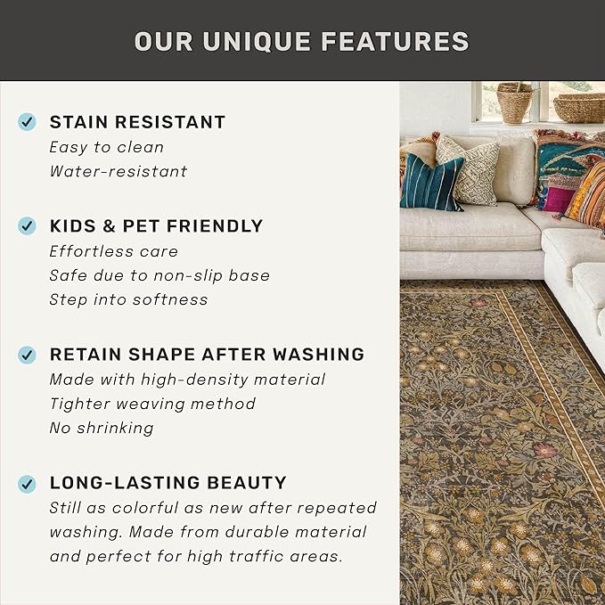 Large 8x12 Boho Living Room Rug - Gold Brown Geometric Floral Area Rug for Dining Room Under Table, Bedroom Under Bed, Low Pile & Soft - Vintage Design & Stain Resistance Carpet