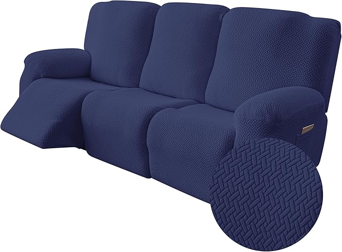 Genina Recliner Sofa Covers - Stretch Reclining Couch Covers with Stripe Jacquard - 3 Seat Cushion Slipcovers with Soft Fabric - Furniture Protector for Pet Kid (Navy Blue)