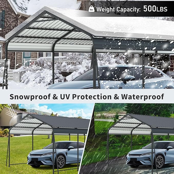13×26.5 FT Metal Carport, Heavy Duty Carport Canopy with Galvanized Steel Roof and Frame, and 6 Fixed Inclined Square Tube Supports for Driveway Car, Truck
