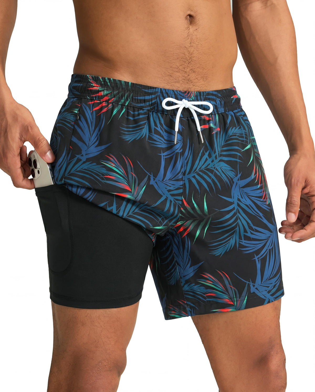 maamgic Mens Swim Trunks with Compression Liner 5 Inch, Quick Dry Bathing Suit with Zipper Pockets, Stretch No-Chafing Swim Shorts, Black-Orange Leaf Silhouette Large