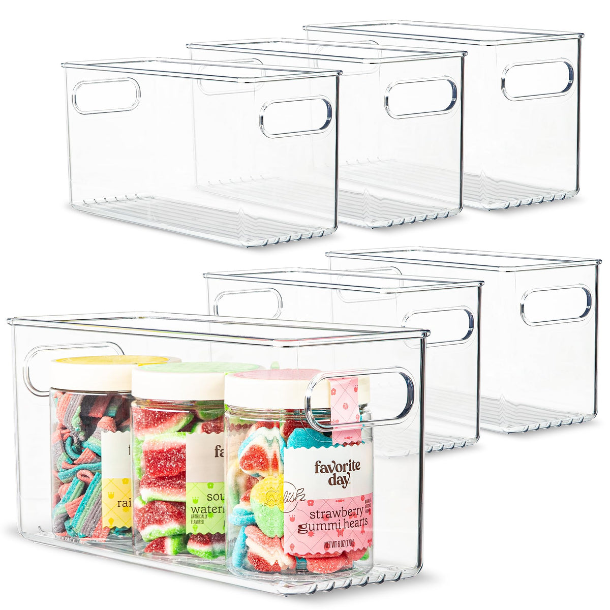 Plastic Food Storage 2 Pack Clear Container Bin with Handles for Organizing Kitchen, Pantry, Refrigerator, Freezer, Pantry, Cabinet, Closet, Bathroom. 16”x8”x5”