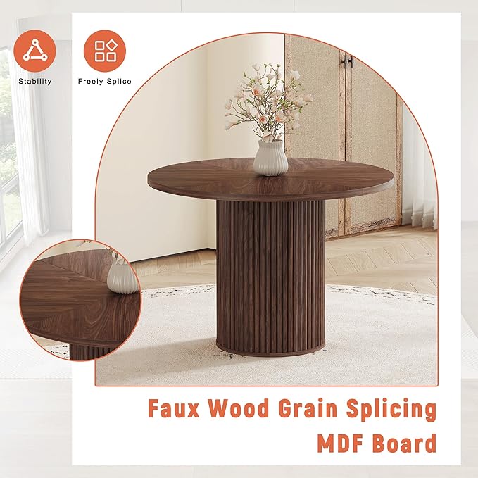 AZmac Round Dining Table Set for 4, Wooden Round Table 5-Piece with Modern Farmhouse Dining Table and 4 PU Leather Chairs for Kitchen Dining Room, Walnut Table + 4 Black High Back Chairs