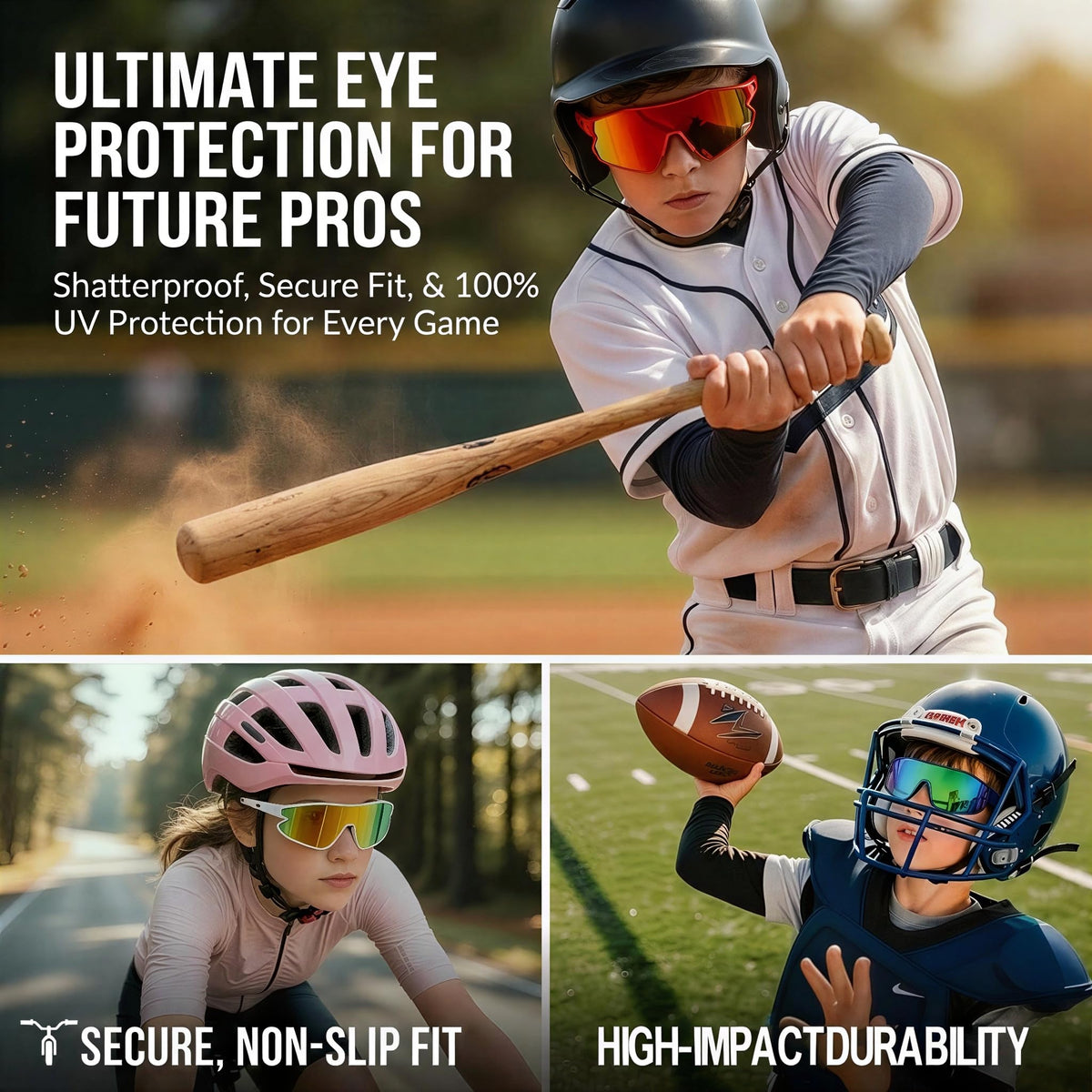 GLARDEFE Kids Baseball Sunglasses - Youth Baseball Sunglasses for Boys Girls - Sports Softball Shades Age 6-14(Black/Grey)