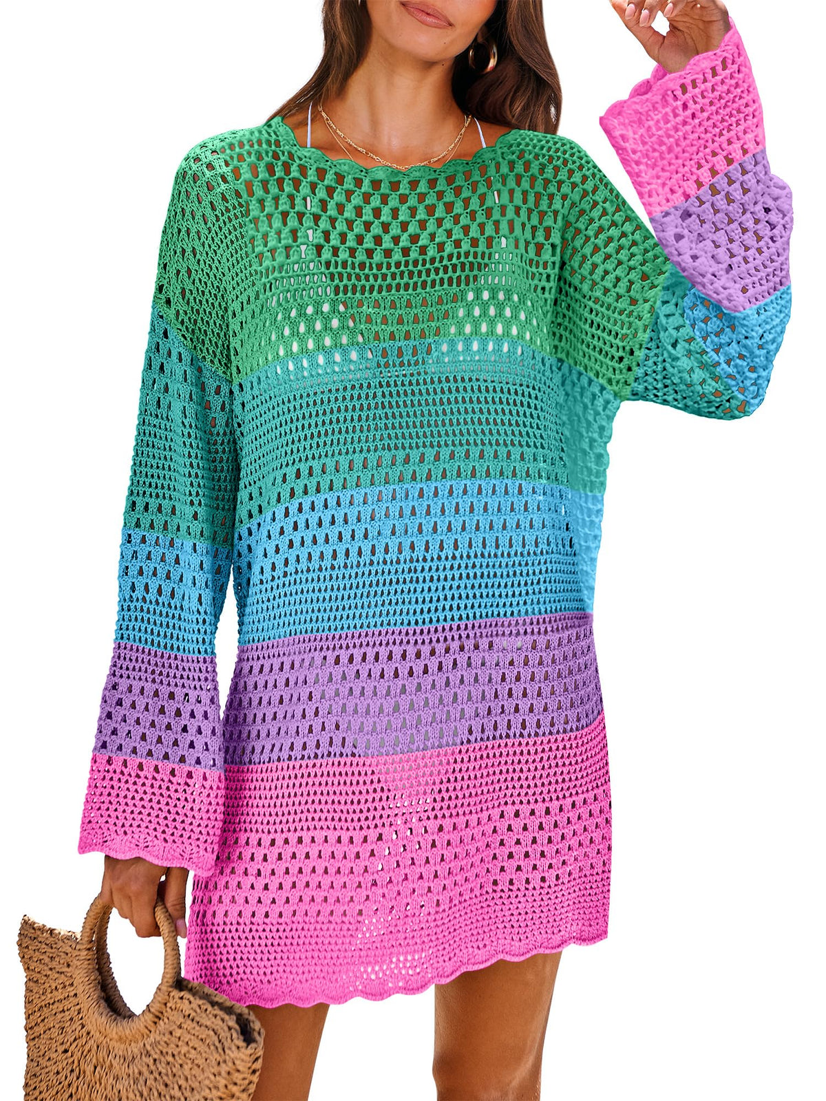 ANRABESS Women Swimsuit Crochet Swim Cover Up 2026 Summer Bathing Suit Swimwear Mesh Knit Beach Dress Vacation Outfits Rainbow Stripe Colorful Large
