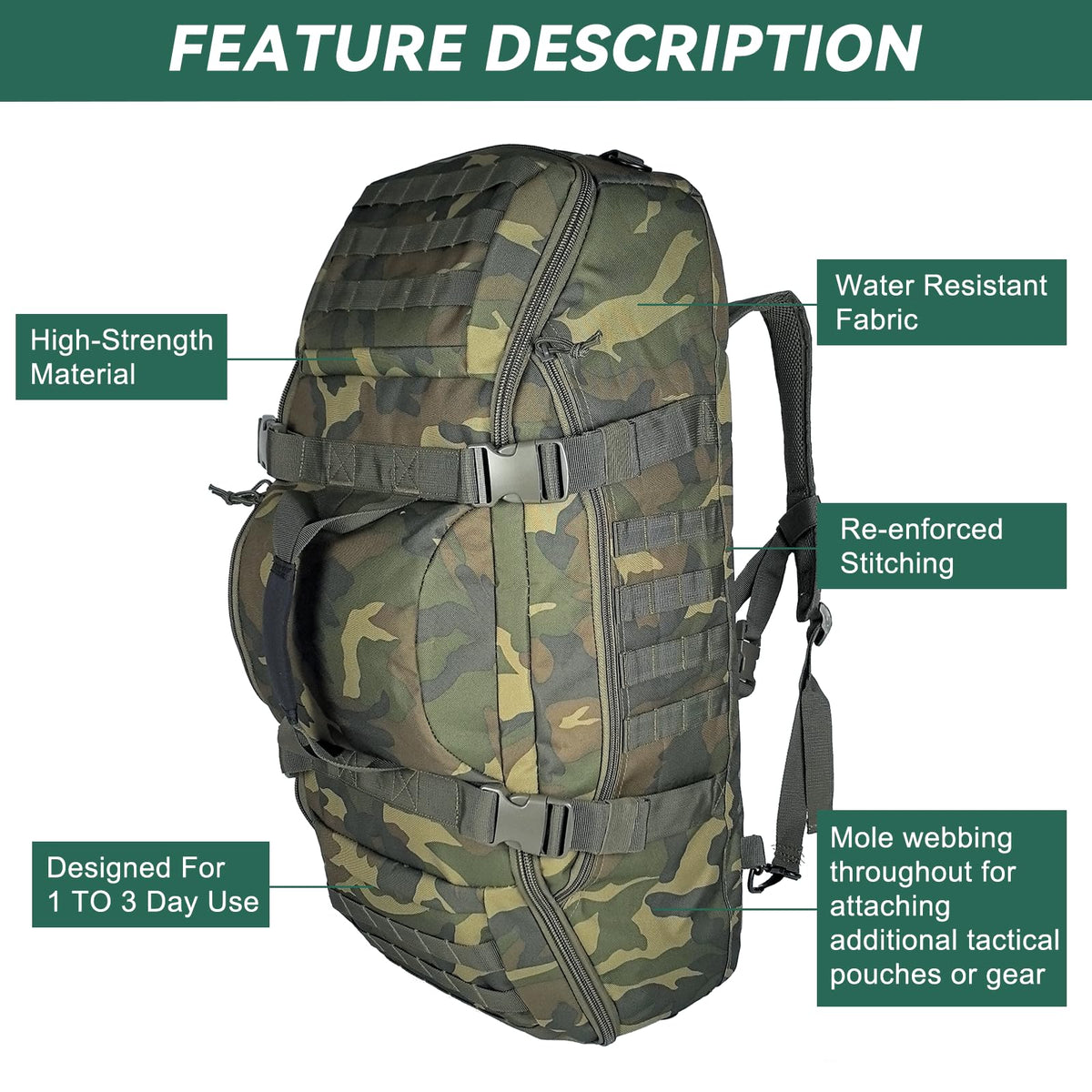 Hannibal Tactical 65L Large Duffle Bag, 3-in-1 Tactical Backpack MOLLE Pack for Sports, Gym, Outdoor, Woodland
