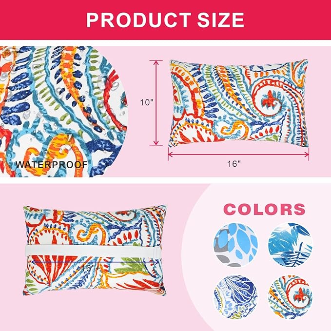 JMGBird Outdoor Pillow for Chaise Lounge Chair Set of 2 Waterproof Headrest Pillow Lumbar Pillows with Insert & Adjustable Elastic Strap for Beach Poolside Patio Office, 10x16 Inch