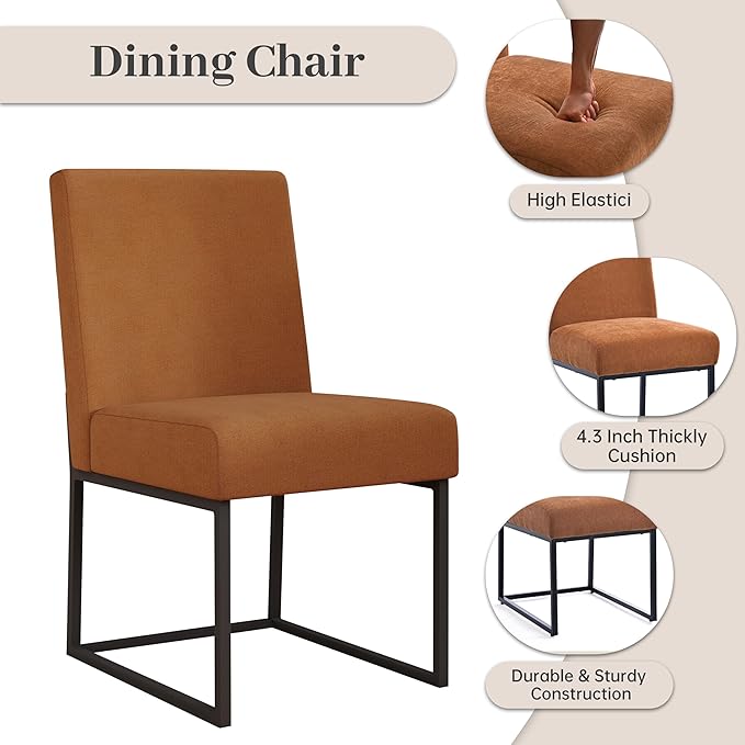 VKNOW Upholstered Dining Chairs Set of 2, Modern Dining Room Chairs, Linen Kitchen Chair Dinner Chair with Black Metal Base for Kitchen Office, Orange-Unstriped