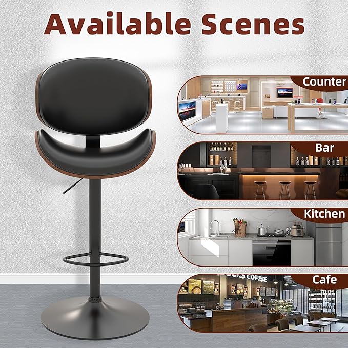 civama Bar Stools Set of 6 for Kitchen Counter, Adjustable Bar Height Chairs, Modern Swivel Barstools with Bentwood Seat and Back with Footrest for Kitchen Island, Dining Room, Black PU Leather