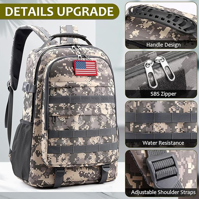 School Backpack for Boys - Camouflage Boys Backpack for Kids Teens Elementary Middle School - 4pcs Camo Students Bookbag with Lunch Box and Pencil Case & Key-chain,18″ Bookbag with Usb Charging Port
