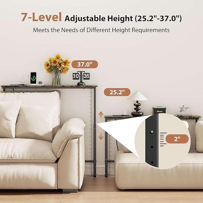 GRLEAF 39" Adjustable Height Narrow Console Table with Power Outlets, Long Sofa Table with Charging Station Behind Couch Table Skinny Entryway Table for Living Room, Hallway and Office – Rustic Brown