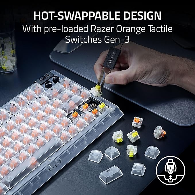 Razer BlackWidow V4 75% Mechanical Gaming Keyboard: Hot-Swappable Design - Compact & Durable - Orange Tactile Switches - Chroma RGB - MF Roller & Media Keys - Comfortable Wrist Rest - Phantom White