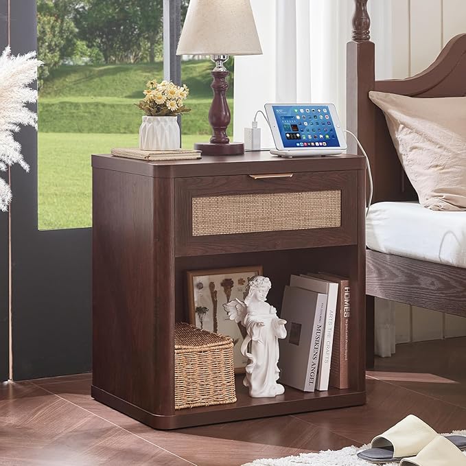 LEYAOYAO Rattan Nightstands Set of 2 with Charging Station, 23" Wide Boho Night Stand with Drawer, Walnut Bedside Table Open Cabinet, Bed Side End Table Dresser for Bedroom, Living Room, Hallway
