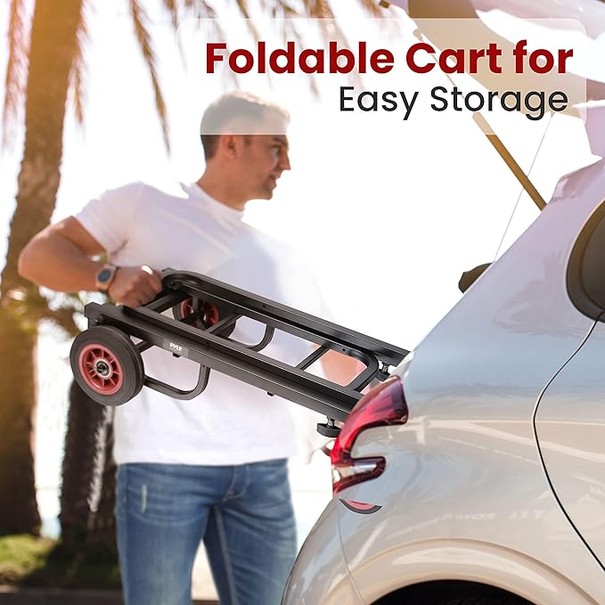Pyle Compact Folding Adjustable Equipment Dolly - Heavy Duty 8-in-1 Convertible Cart Hand Truck/Dolly/Platform Cart with R-Trac Wheels - Expandable Up to 25.24" to 40.24" - 200 LBS MAX Load Capacity
