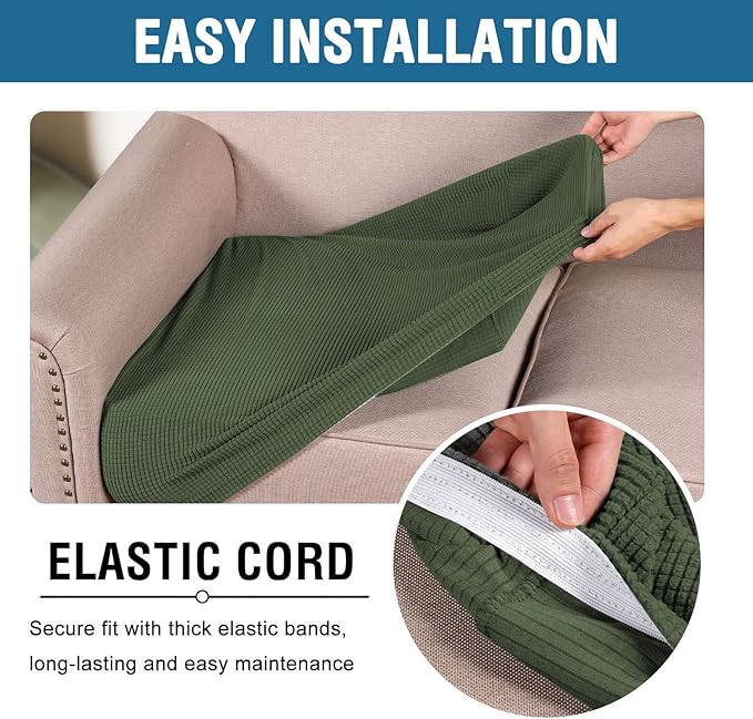 H.VERSAILTEX Super Stretch Individual Seat Cushion Covers - Sofa & Couch Cushion Slipcover Sets - Thick Jacquard Textured Twill Fabric (3 Piece XL Sofa Cushion Covers, Bronze Green)
