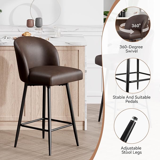 Counter Height Bar Stools Set of 4,360° Swivel Barstools with High Back and Metal Legs,26" Seat Height, Upholstered PU Leather Bar Chairs for Kitchen Island, Dining Room,Cafes,Black Brown