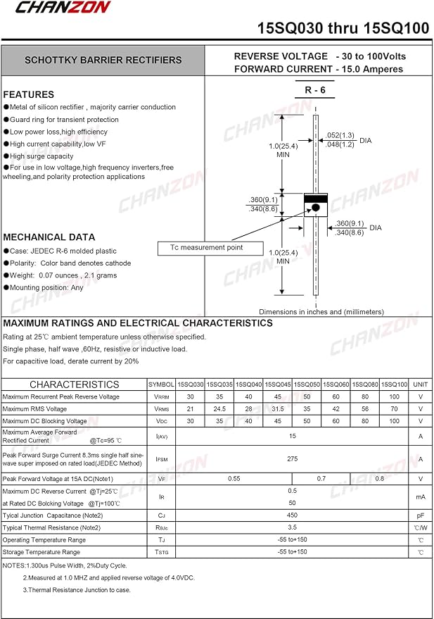 Chanzon 15SQ045 Schottky Diodes 15A 45V R-6 Axial 15 Amp 45 Volt