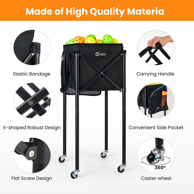 ShelfElites Portable Tennis Ball Hopper & Pickleball Basket, Foldable Tennis Ball Cart with Storage Bag, Multi-Sport Ball Collector for Training & Practice (Big)
