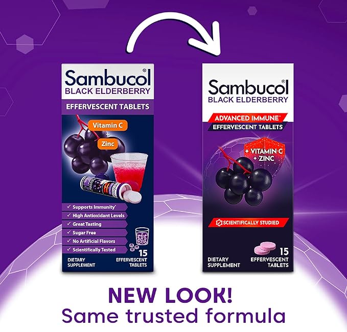 Sambucol Black Elderberry Effervescent Tablets - Elderberry with Zinc and Vitamin C for Adults, Elderberry Dissolving Tablets, Berries - 15 Count