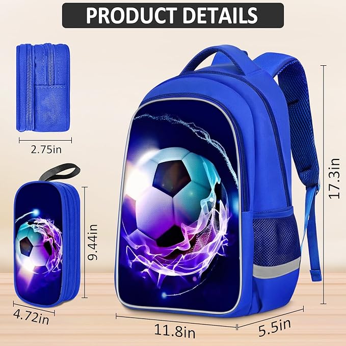 School Backpack for Boys - 4pcs Soccer Boys Backpack with Lunch Box and Pencil Case for Kids Children Teens Elementary Middle School - Students Bag for Ages 6-18,17″Bookbag Travel Back Pack