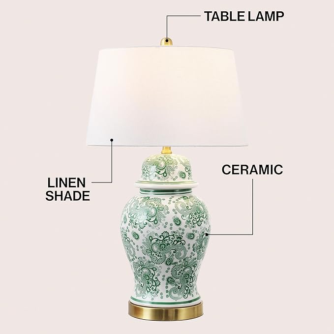 JONATHAN Y 29.5" Green/White Ceramic Table Lamp for Living Room and Office, White Linen Drum Shade, Traditional Chinoiserie Ginger Jar Lamp, LED Bulb Included (JYL3008D)