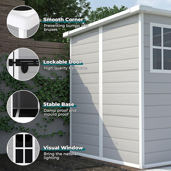 6x6 FT Outdoor Storage Resin Shed with Floor, Waterproof Plastic Garden Tool Shed with Windows, Vents & Lockable Door and Sloped Roof, Easy to Assemble Bike Shed for Patio, Backyard, Lawn, White+Gray