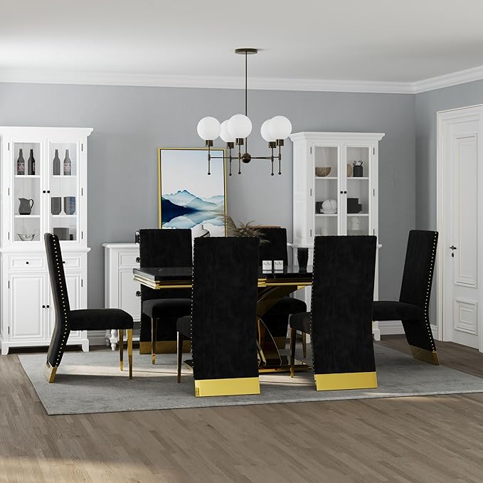 AUZ Black and Gold Dining Chairs Set of 8, Black Velvet Upholstered Dining Room Chairs with Nailhead Trim, Modern High Back Dining Chairs with Gold Legs