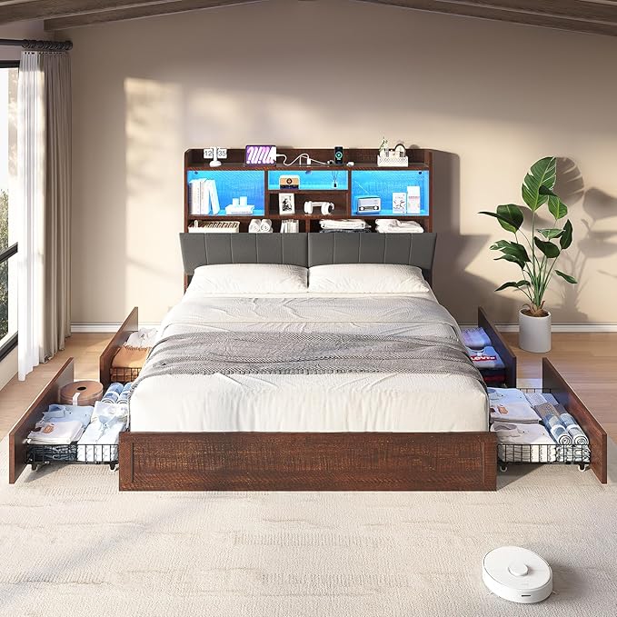 King Farmhouse Bed Frame with Bookcase Headboard and 4 Drawers, LED Storage Bed with Charging Station & Linen Upholstered, No Box Spring Needed, Reclaimed Barnwood