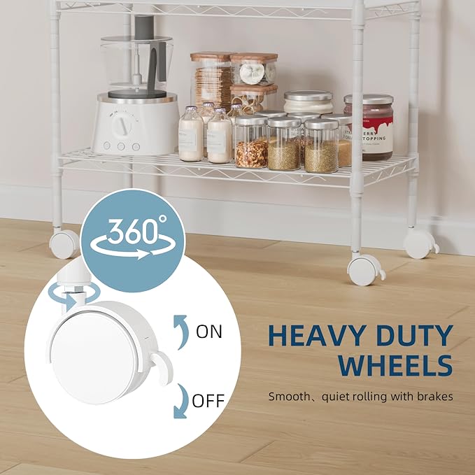 Whitmor 3 Tier Rolling Kitchen Cart,27.6"x10"x21.7”Heavy Duty Metal Storage Cart with Wheels, Adjustable Shelves, Lockable Utility Cart with Wood Top & Portable Handle for Indoor & Outdoor Use, White