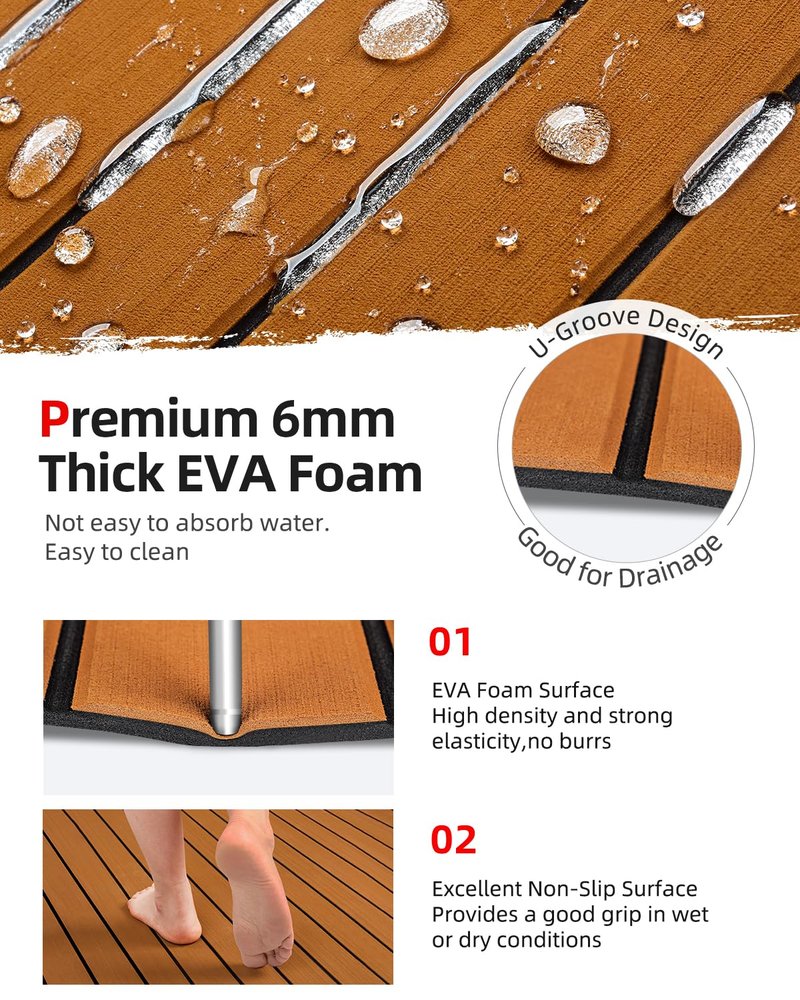 Abahub EVA Foam Boat Decking 96''x28.8'' Self-Adhesive Faux Teak Marine Flooring Sheet Traction Pad for Boats Surfboard, Brown with Black Seam Lines