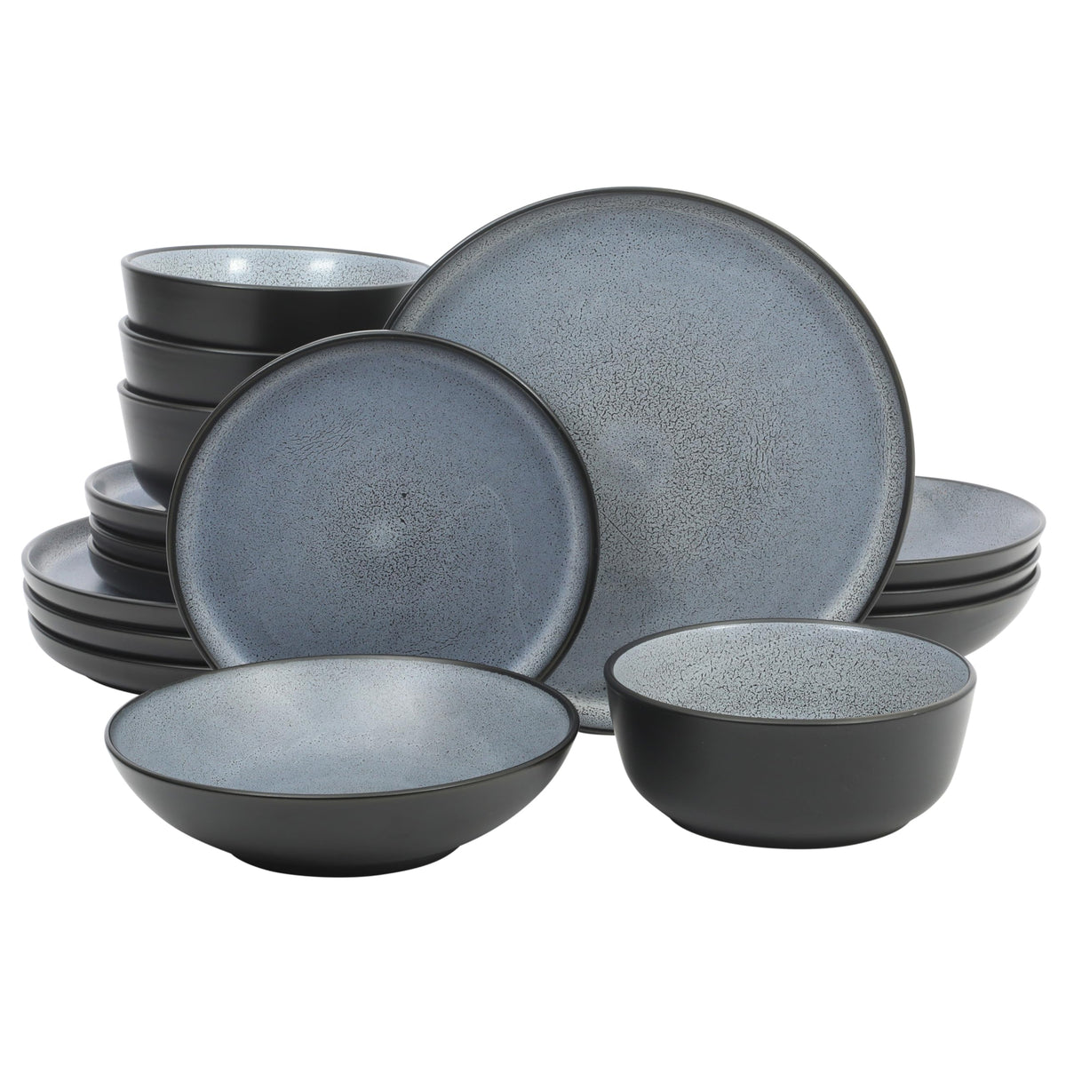 Gibson Elite Mayfair Bay 16-Piece Embossed Double Bowl Dinnerware Set, Service for 4 – Blue Stoneware Plates and Bowls