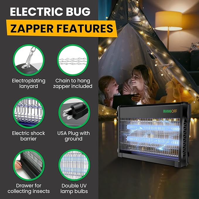 BUGGOFF Black Modern Indoor Electric Bug Zapper, 800 SQFT Coverage, 3500 Volts of Stunning Power, 20 Watts, Kills Mosquitos Gnats, Flys & More. 5 Year Warranty, X2 Free Replacment Bulb (4 Pack)